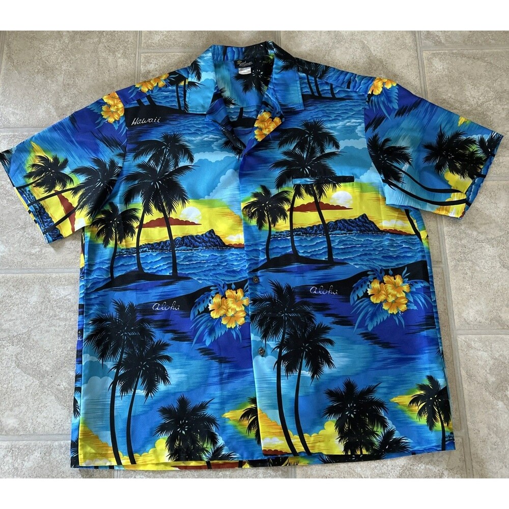 Hawaiian Shirt Men's Size XL Waves Palm Trees Aloha Hawaii Royal Creations